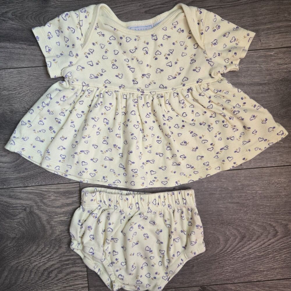 Vintage Basic Editions Baby Dress Bloomer Set 3 6M Yellow Purple Hearts Cotton